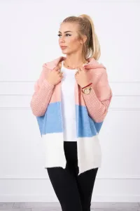 Tri-farebný sveter s kapucňou prášok ružová + azúrová + ecru