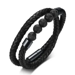 Double Black Leather Bracelet with Volcanic Stones #8384229