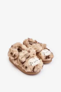 Children's fur slippers with teddy bear, Beige Apolania #8609610