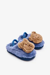Children's fur slippers with teddy bear, blue Dicera #8609920