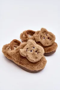 Children's fur slippers with teddy bear, brown Dicera #9095830