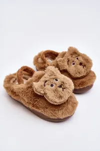 Children's fur slippers with teddy bear, brown Dicera #9095827