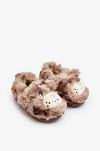 Children's fur slippers with teddy bear, dark beige Apolania