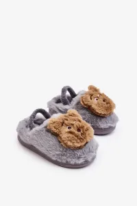 Children's fur slippers with teddy bear, Grey Dicera #8609607