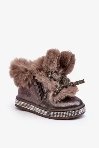 Children's snow boots with zipper and fur, brown, Hanija #8785105