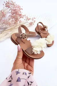 Fashionable children's sandals with flowers Beige-Gold Poly #7622541