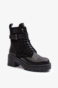 Leather work ankle boots decorated with rhinestones GOE Black