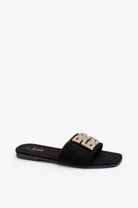 Women's flat heel slippers with embellishment, black Inaile