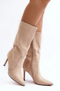 Women's mid-calf high-heeled boots, beige Odetteia