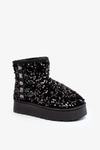 Women's platform snow boots decorated with sequins, black Silmo
