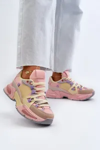 Women's sneakers with thick soles, pink and yellow Peonema