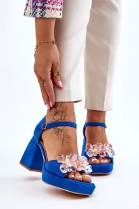 Fashionable sandals with crystals on robust heels Blue Garrett #5381986