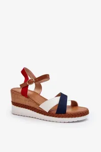 White and navy blue Kioda wedge sandals with straps