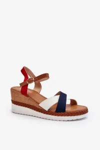 White and navy blue Kioda wedge sandals with straps #9483187