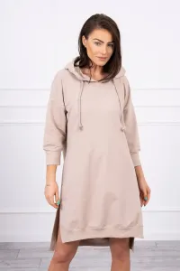 Dress with a hood and a longer back of beige color