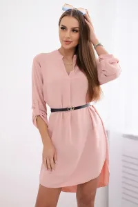Dress with a longer back and a belt powder pink