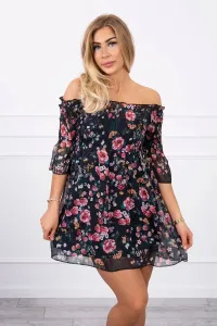 Shoulder dress with floral pattern black
