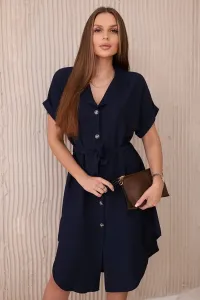 Viscose dress with a tie at the waist navy blue