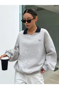 Know Women's Gray Keep Calm Printed Oversized Collar Sweatshirt