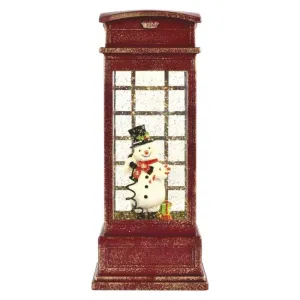 LED dekorácia – snehuliak v telefón. búdke, 25 cm, 3x AA, vnútorná, teplá biela, časovač