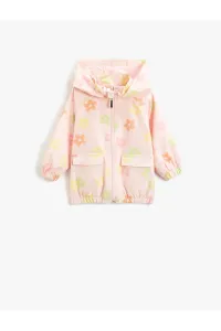 Koton Floral Raincoat Hooded Zippered High Neck Pockets Cuffs And Elastic Waist