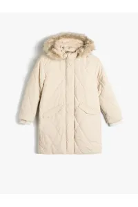 Koton Oversize Long Coat Quilted Faux Fur Detail Hooded Inner Plush Lined Covered Pocket Zipper