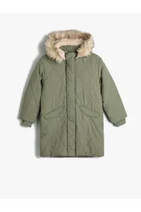 Koton Oversize Long Coat Quilted Faux Fur Detailed Hooded Plush Lined Inside With Flap Pockets Zippered