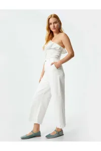 Koton Wide Leg Trousers with Embroidery Detail High Waist Pockets Cotton WHITE