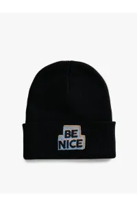 Koton Basic Knit Beanie Hat with Slogan Embroidered Fold Detail