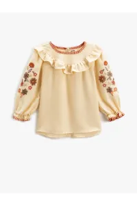 Koton Floral Embroidered Detail Long Sleeve Blouse with Elastic Cuffs, Round Neck