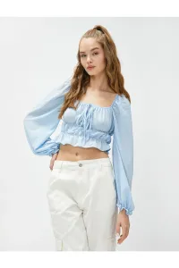 Koton Crop Blouse Balloon Sleeves Square Collar Tie Detail Frilly