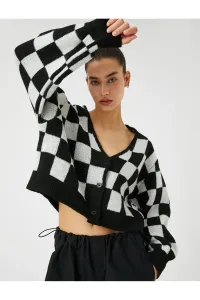 Koton Crop Cardigan Knit V Neck Buttoned Checkered Pattern Ribbed