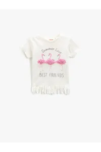 Koton Flamingo Appliques Detailed T-Shirt with Tassels Short Sleeves, Round Neck