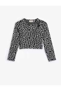 Koton Crop T-Shirt Window Detailed Long Sleeve Leopard Print Round Neck