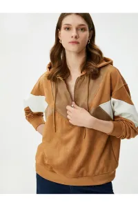 Koton Hooded Sweatshirt Half Zipper Suede Textured Color Block
