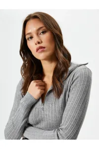 Koton Pletený sveter polozips široký golier rebrovaný kašmír textúrovaný