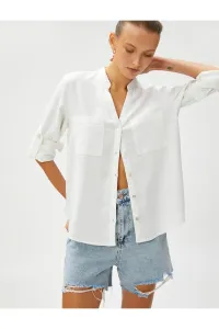 Koton Linen Shirt Grandma Collar Pockets Folded Sleeves