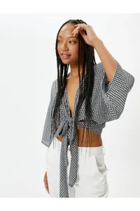 Koton Oversize Crop Kimono Blouse Double Breasted Wide 3/4 Sleeve Crow's Foot Patterned Tie Detailed