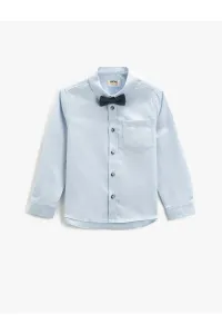 Koton Shirt with Bow Tie Long Sleeves, Patch Detail on the Elbows, One Pocket