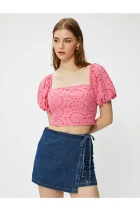 Koton Crop Embroidered Blouse Balloon Sleeve Gimped