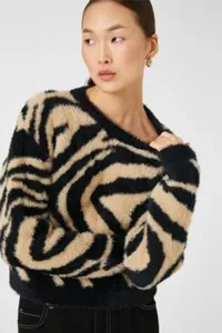 Koton Women's Long Sleeve Zebra Print Plush Sweater 3wak90174ht
