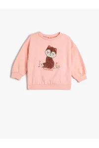 Koton Sweatshirt Cat Embroidered Long Sleeve Crew Neck Cotton Raised