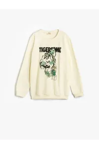 Koton Sweatshirt Crew Neck Tiger Printed Long Sleeve Raised