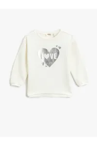 Koton Ribbed Sweatshirt with Glossy Heart Print Crew Neck