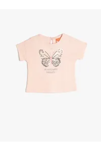 Koton T-Shirt with Butterfly Sequins Embroidered Short Sleeves Crew Neck Cotton