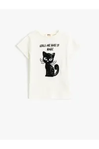 Koton T-shirt with Short Sleeves, Crew Neck Cat Sequins Embroidered