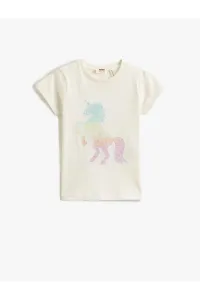 Koton Unicorn Sequin Embroidered T-Shirt Short Sleeve Crew Neck