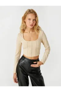 Koton Long Sleeved T-Shirt with Crop and Corset Detail Square Collar