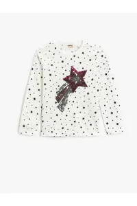 Koton Stars Embroidered Sequins T-Shirt Long Sleeved Crew Neck Cotton