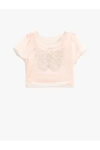 Koton Crop T-Shirt Tulle Lined and Butterfly Embroidered